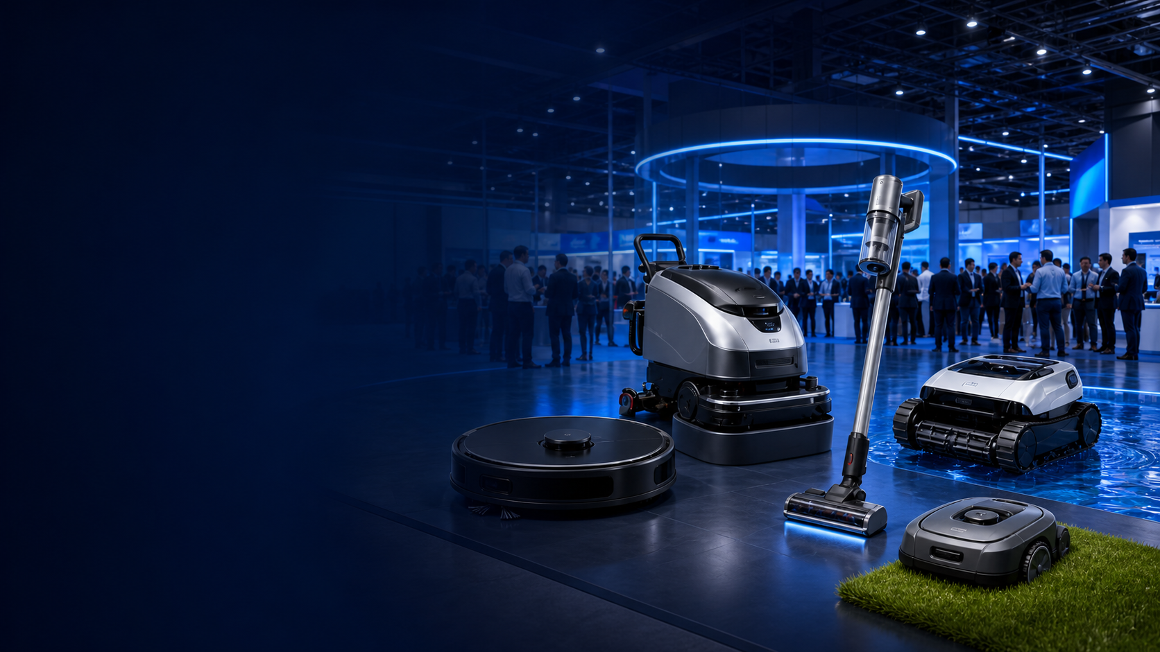 WCB Expo visual showing cleaning appliances and an industry exhibition setting